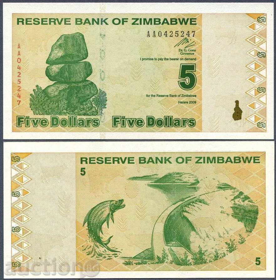+++ ZIMBABWE 5 dolari 2009 UNC P 93 +++