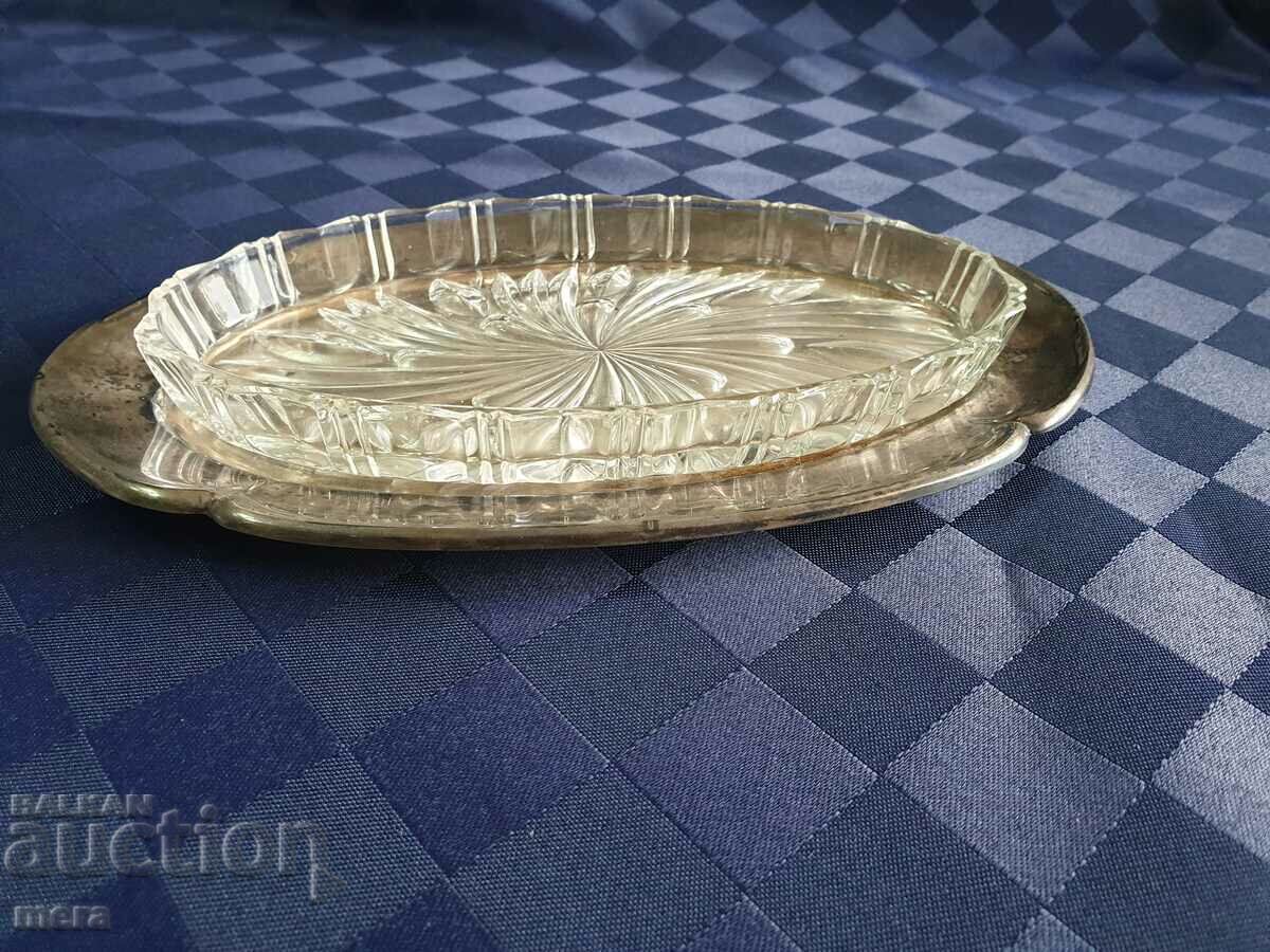 Silver plated tray with crystal plate