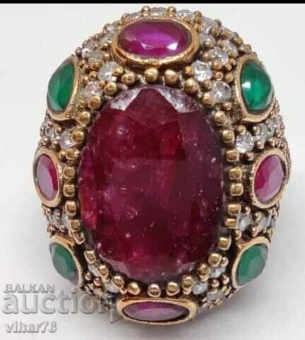 Huge solid silver ring with rubies and emeralds - 7 Huge solid silver ring with rubies and emeralds - 7