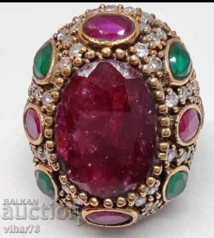 Huge solid silver ring with rubies and emeralds