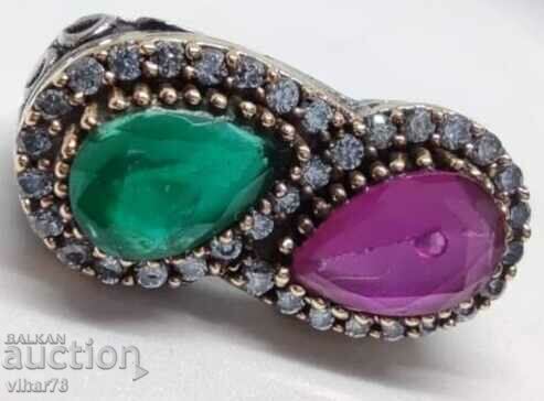 silver ring with ruby and emerald