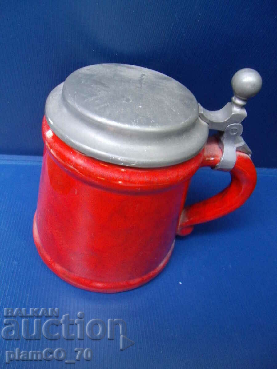 #*4587 old porcelain mug with metal lid