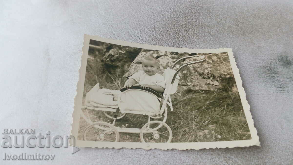 Снимка Момченце в ретро детска количка в парка