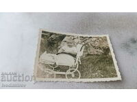 Photo Little boy in a vintage stroller in the park
