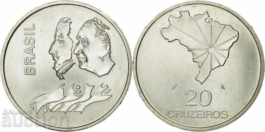 Бразилия 20 крузейрос 1972 юбилейна сребърна монета UNC