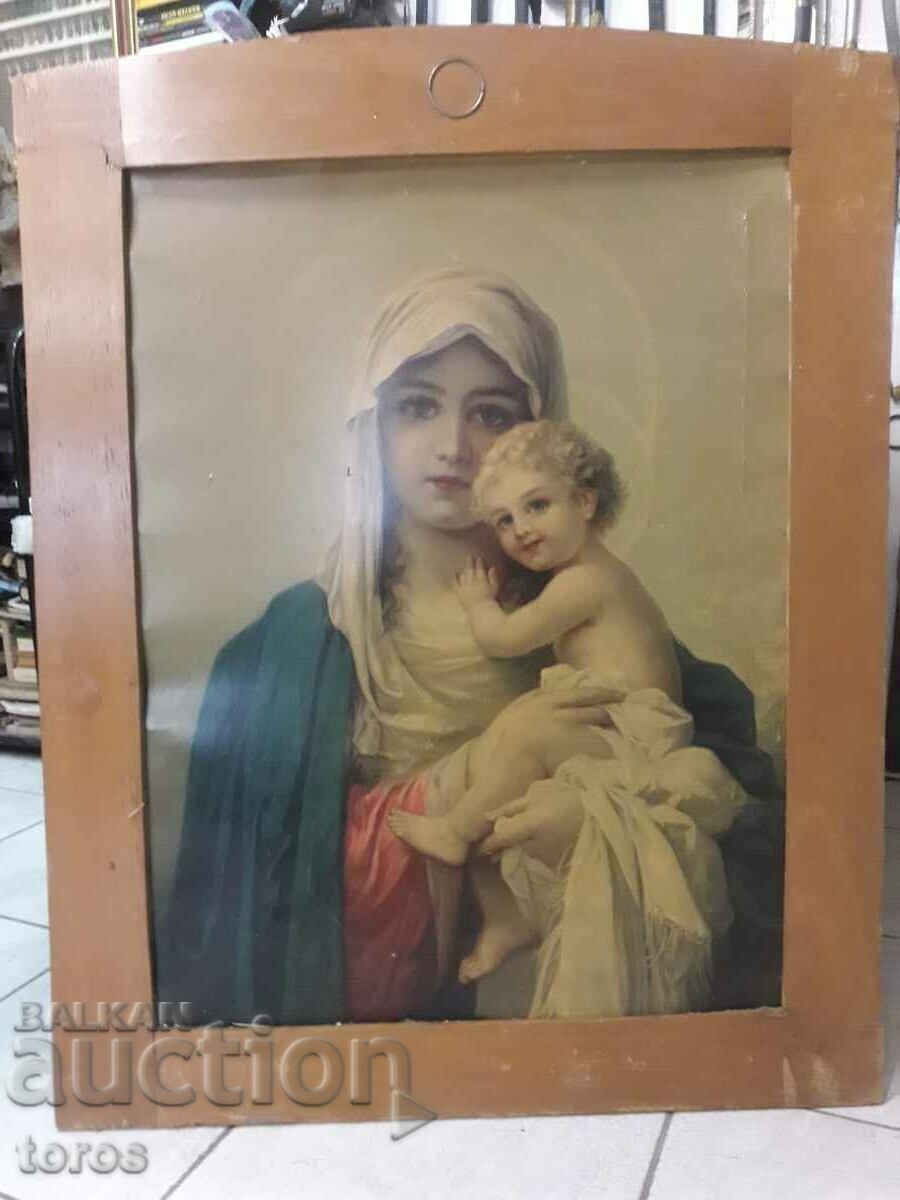 Old very large lithograph Madonna and Child, icon, relig