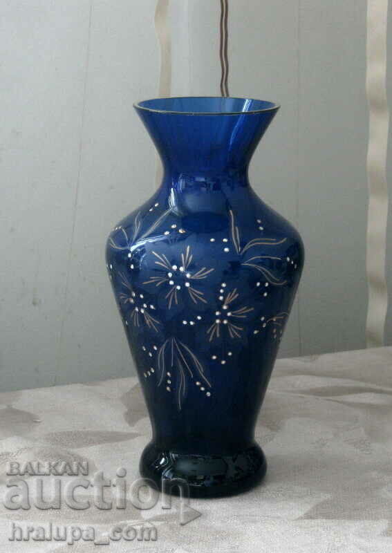 Cobalt blue glass vase hand painted