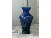 Cobalt blue glass vase hand painted