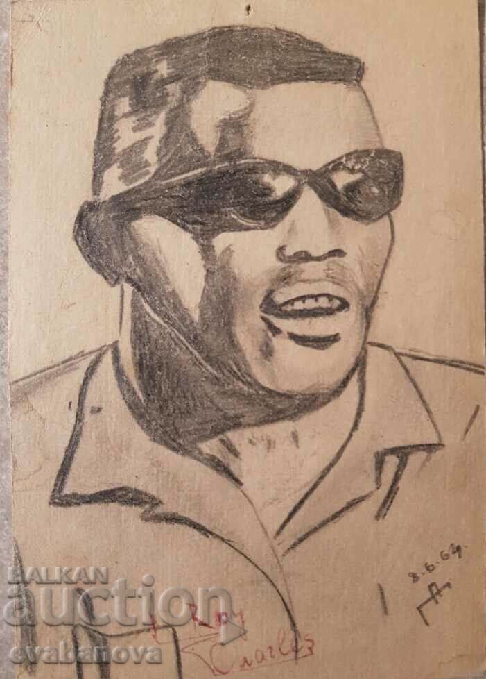 Desen în creion portret Ray Charles Genko Penchev Genov 1964