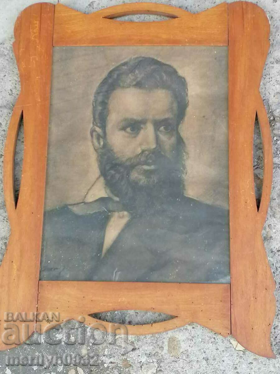Παλιό πορτρέτο του Hristo Botev λιθογραφία 58/45cm με την κορνίζα