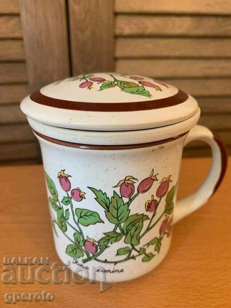 Ceramic tea cup filter and lid - Rosa canina