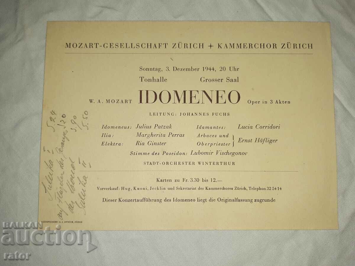 Bilet vechi pentru opera IDOMENEI - Mozart, Zurich 1944.