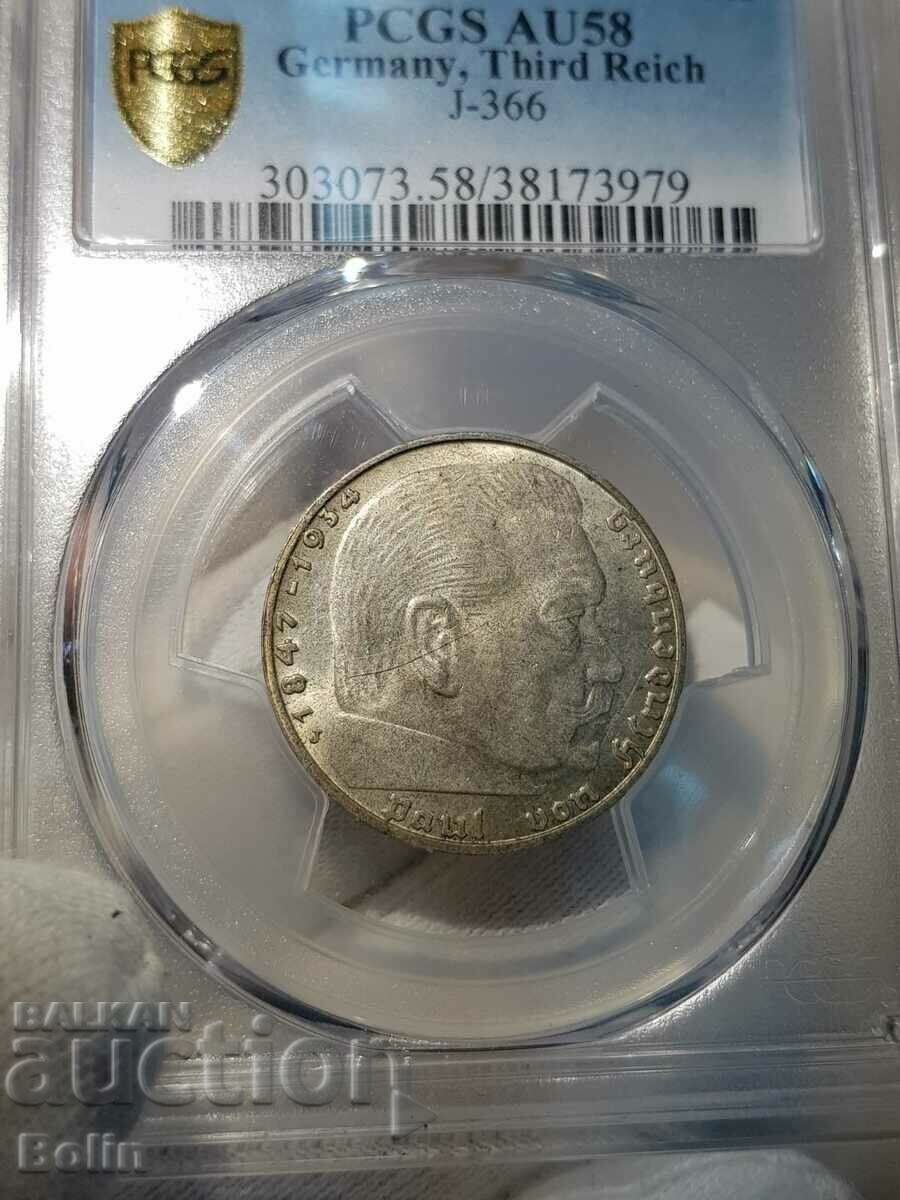 Германска сребърна монета 2 марки 1939-J  Грейд AU 58