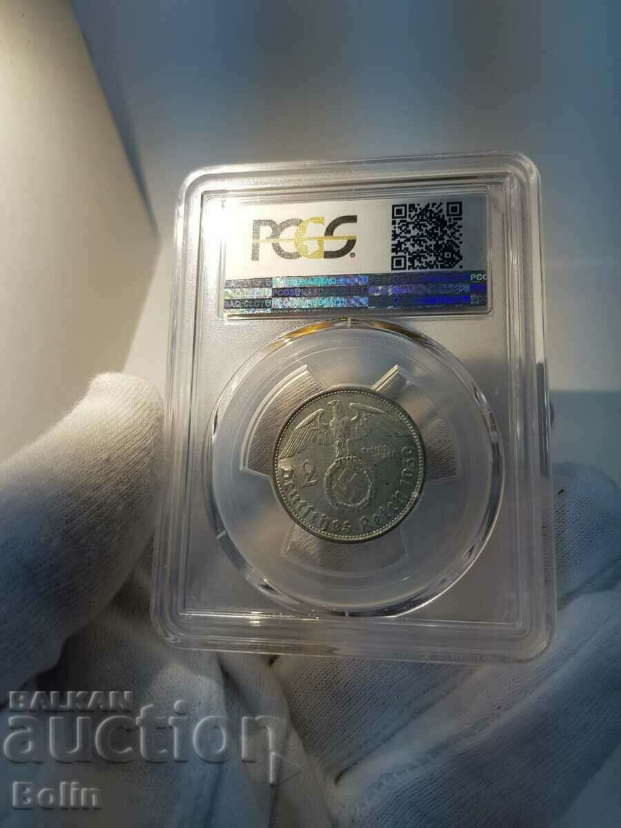 German 2 Mark Silver Coin 1939-B Grade AU 58 - 5