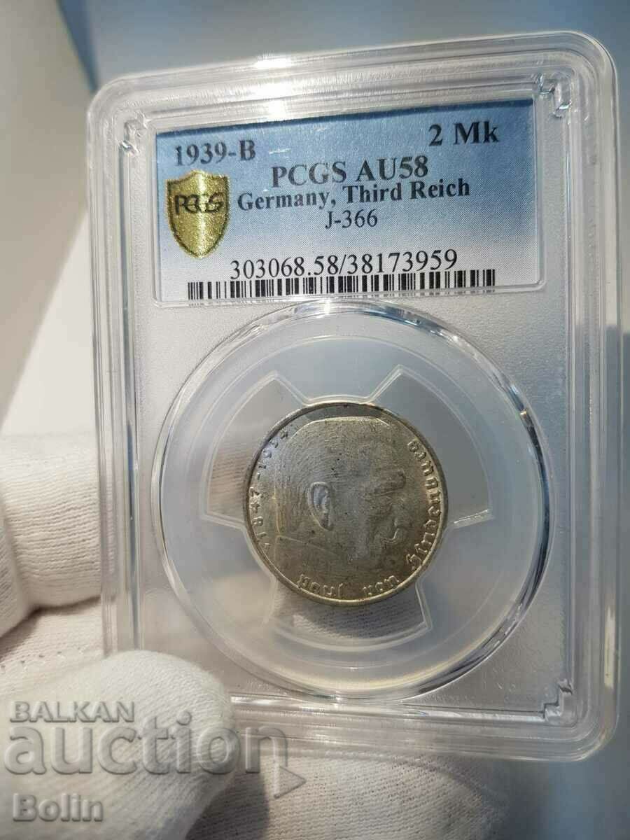 German 2 Mark Silver Coin 1939-B Grade AU 58