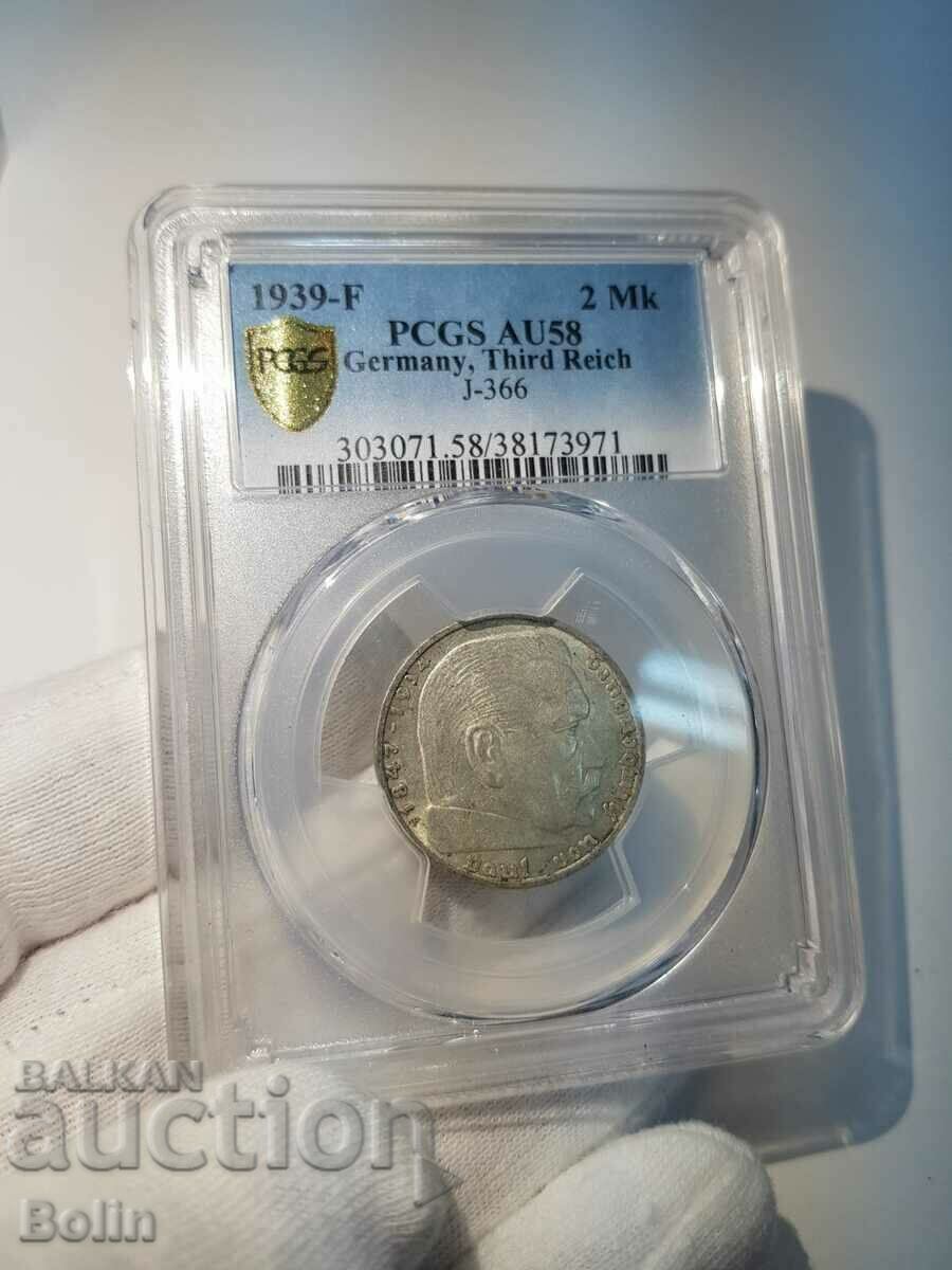 German 2 Mark Silver Coin 1939-F Grade AU 58 with price 130.00 BGN | € 66.47 German 2 Mark Silver Coin 1939-F Grade AU 58 with price 130.00 BGN | € 66.47