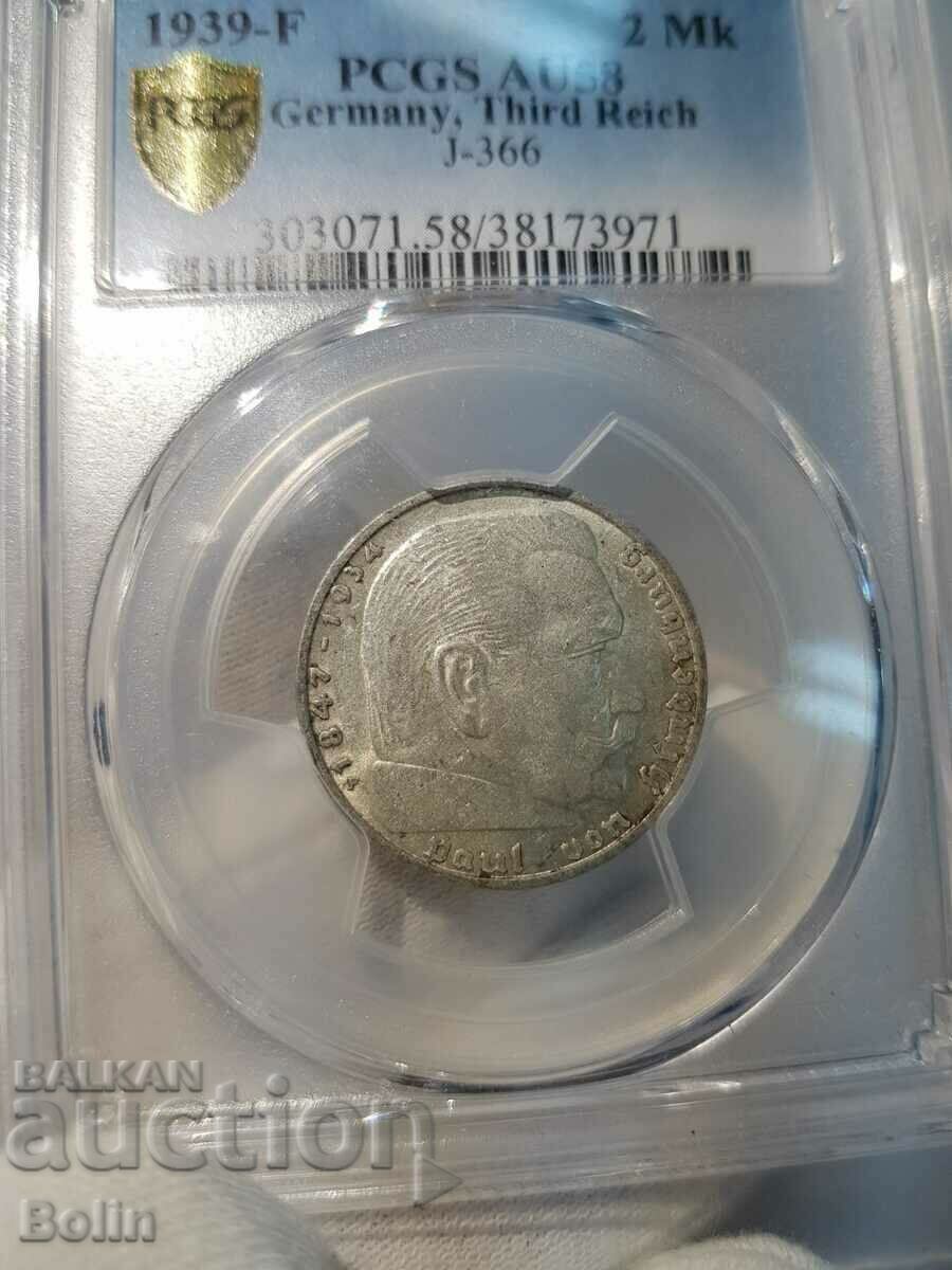 Auction German 2 Mark Silver Coin 1939-F Grade AU 58 Auction German 2 Mark Silver Coin 1939-F Grade AU 58