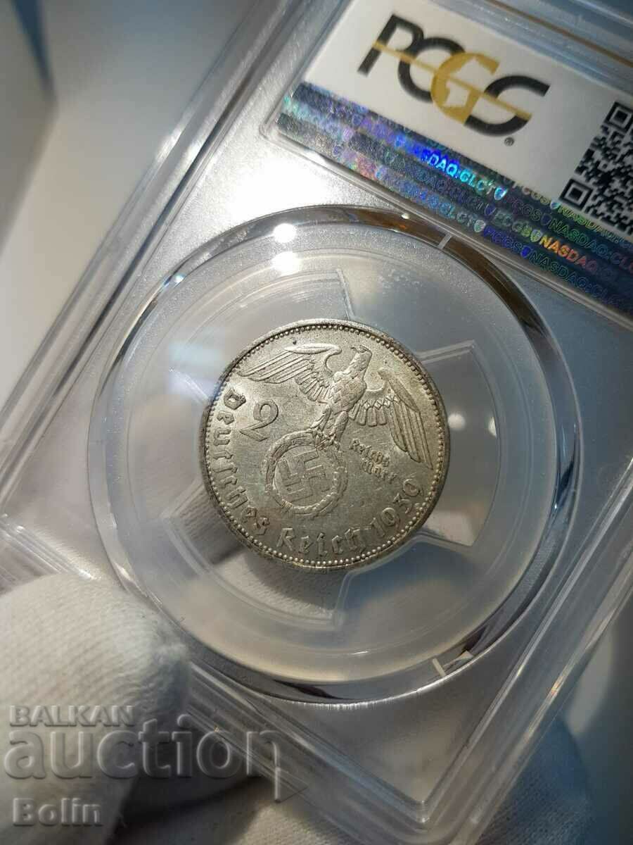 German 2 Mark Silver Coin 1939-F Grade AU 58 - 6 German 2 Mark Silver Coin 1939-F Grade AU 58 - 6