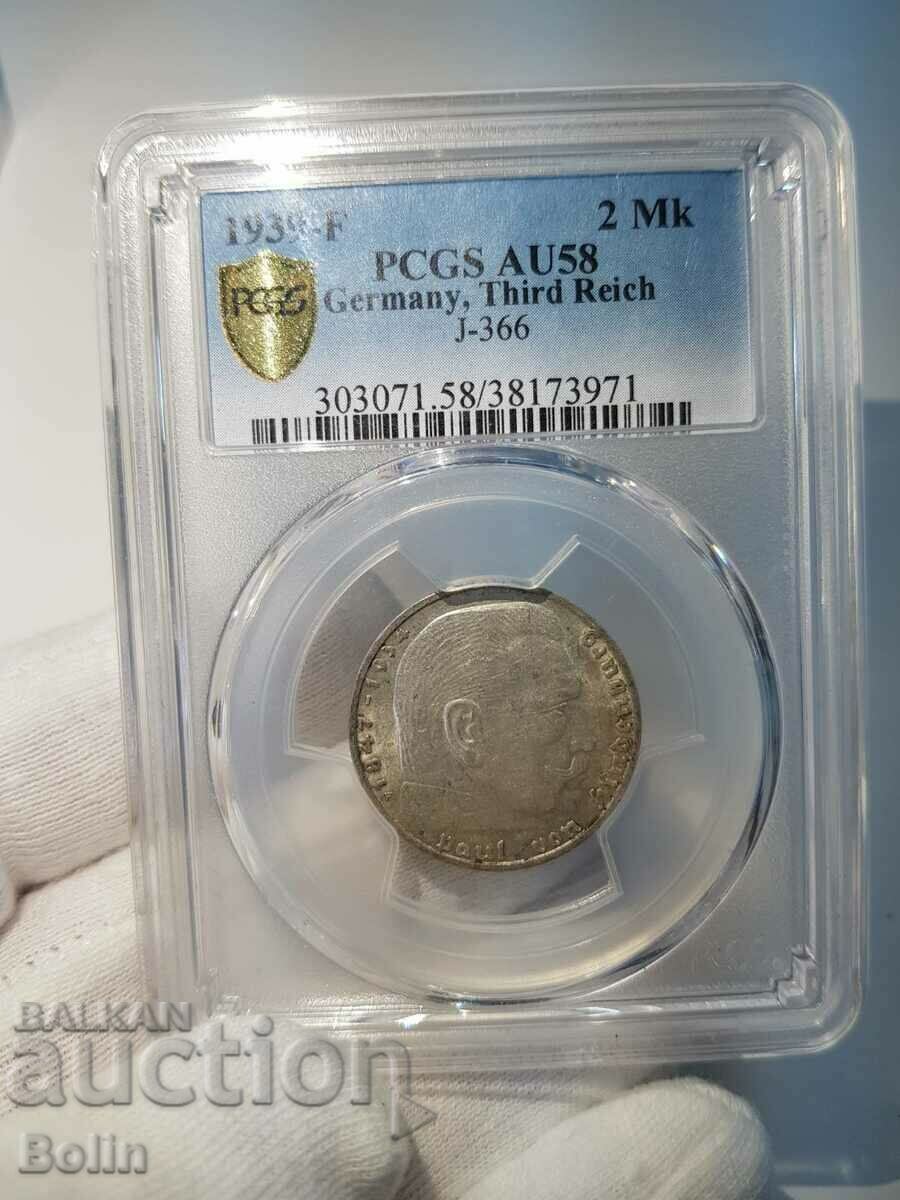 Германска сребърна монета 2 марки 1939-F  Грейд AU 58