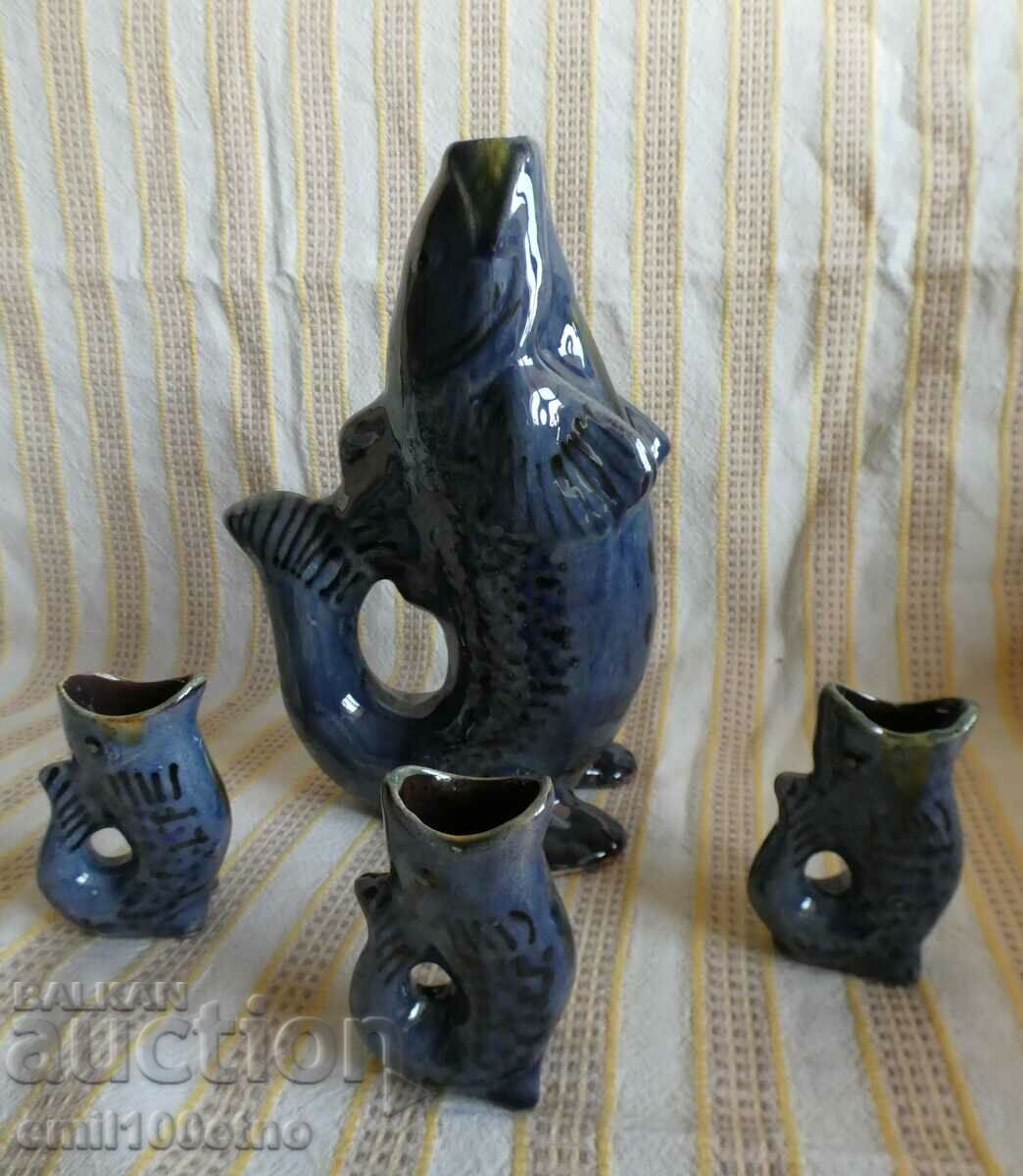 Jug in the shape of Fish plus 3 fish cups - ceramic