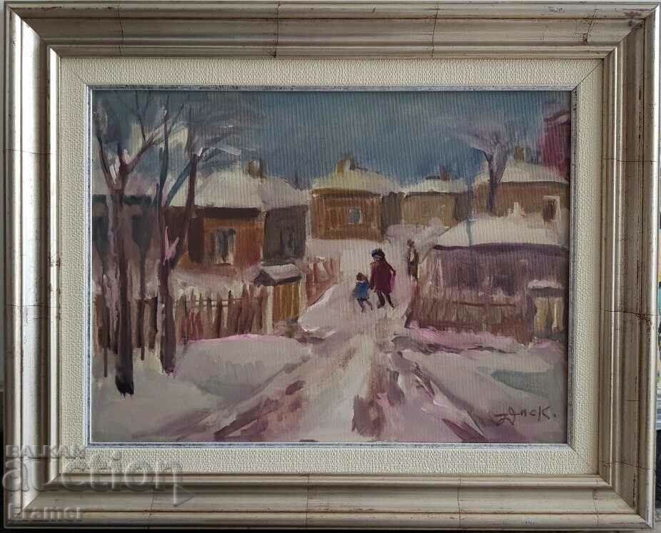 Nikola Daskalov 1941 - 2010 Pictură în ulei de peisaj de dimineață de iarnă