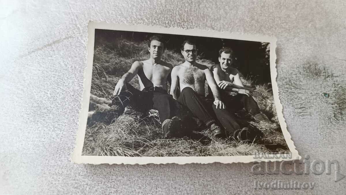 Φωτογραφία Rila Τρεις νέοι σχοινί γυμνοί μέχρι τη μέση στο γρασίδι 1953