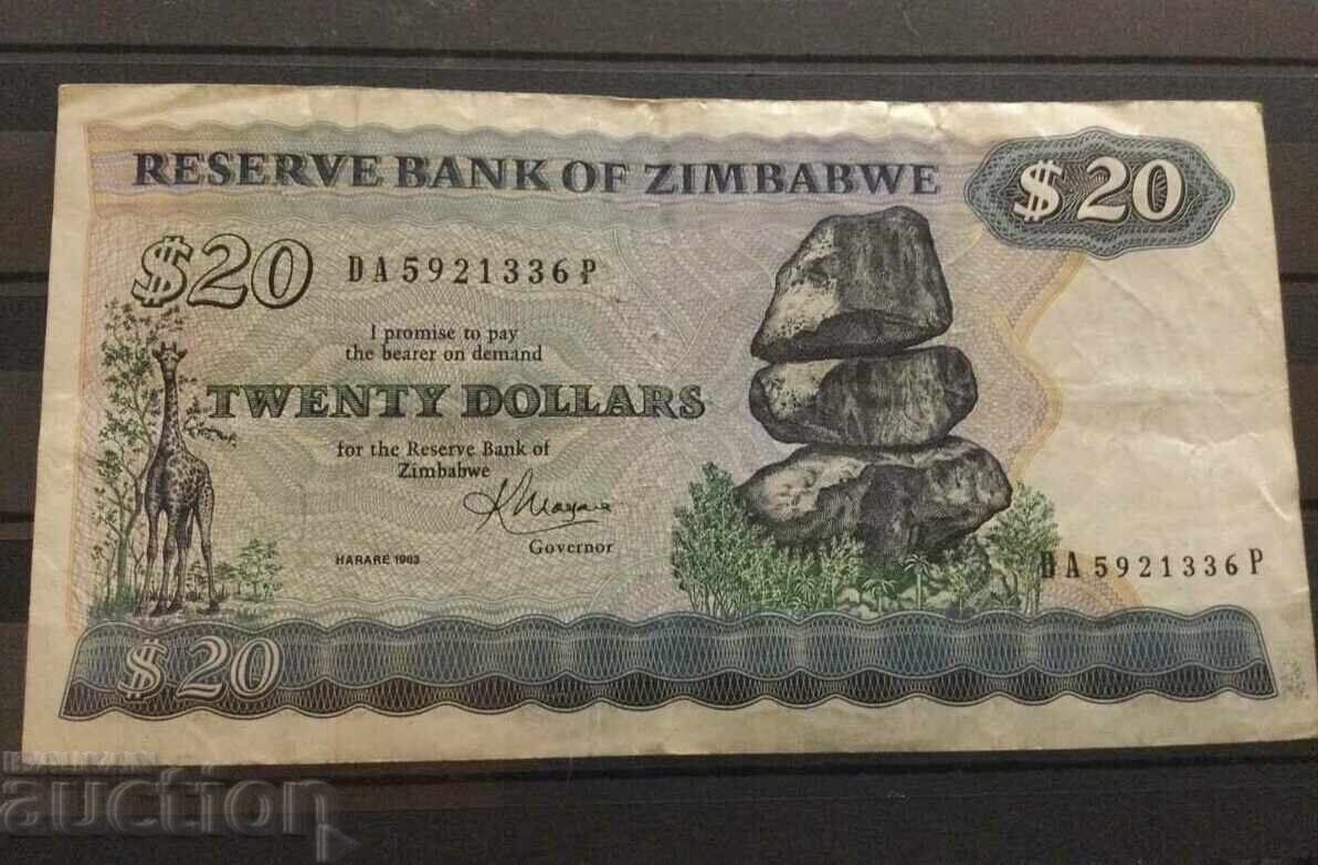 Zimbabwe $20 1983 Giraffe Elephant