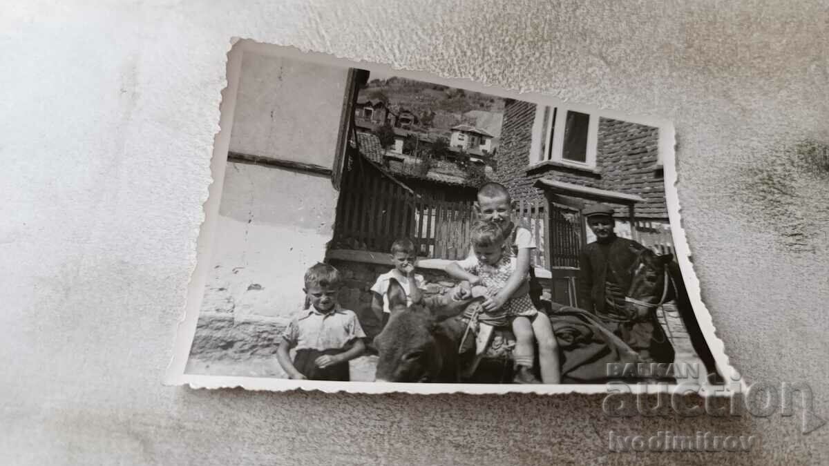 Foto Bărbat și copii pe un măgar pe o stradă de la țară