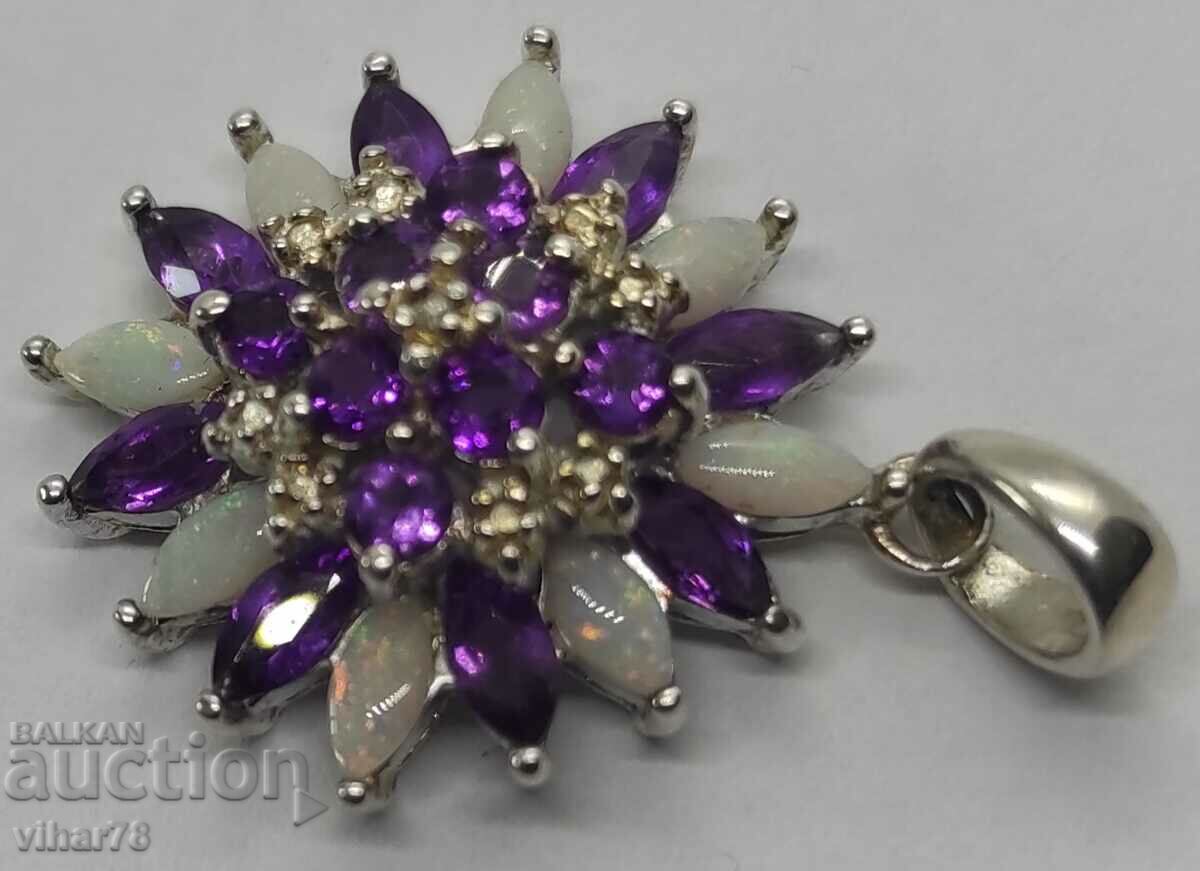 Beautiful silver pendant with natural opals, amethysts and diamonds with price 499.99 BGN | € 255.64 Beautiful silver pendant with natural opals, amethysts and diamonds with price 499.99 BGN | € 255.64
