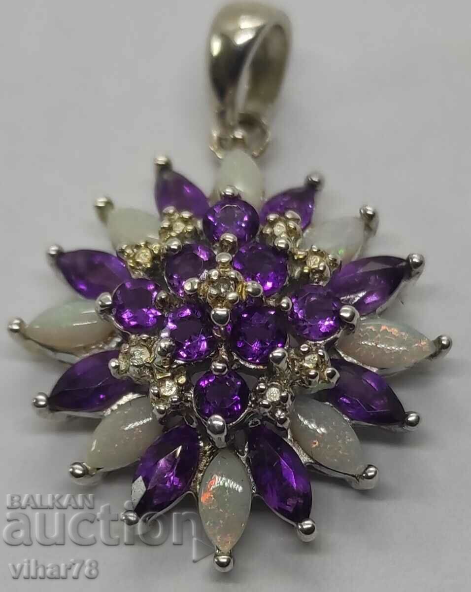 Beautiful silver pendant with natural opals, amethysts and diamonds