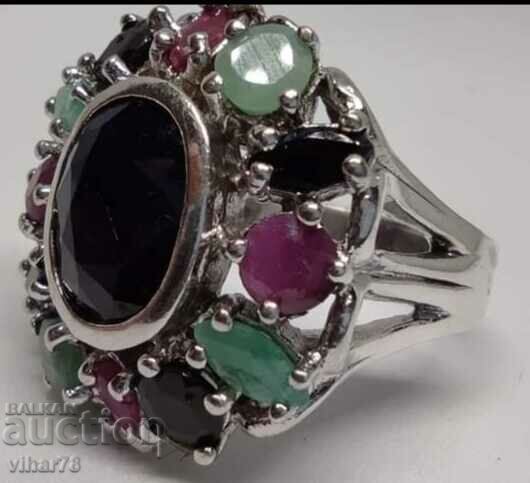 WOMEN'S SOLID SILVER RING WITH SAPPHIRE, RUBIES AND EMERALD - 5 WOMEN'S SOLID SILVER RING WITH SAPPHIRE, RUBIES AND EMERALD - 5