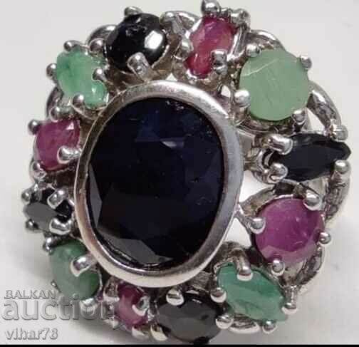 WOMEN'S SOLID SILVER RING WITH SAPPHIRE, RUBIES AND EMERALD - 6 WOMEN'S SOLID SILVER RING WITH SAPPHIRE, RUBIES AND EMERALD - 6