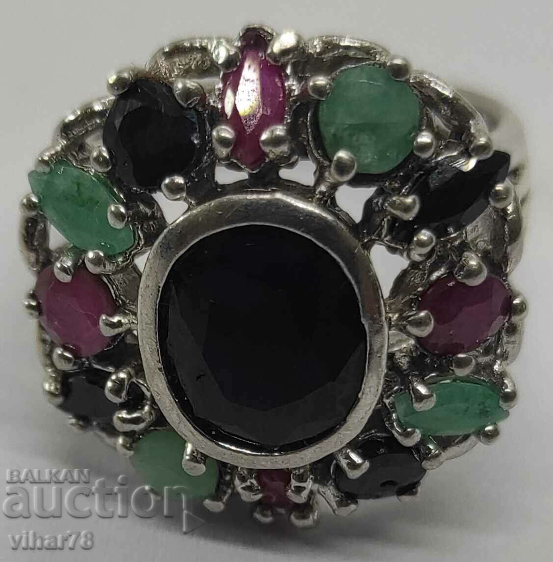 WOMEN'S SOLID SILVER RING WITH SAPPHIRE, RUBIES AND EMERALD