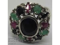 WOMEN'S SOLID SILVER RING WITH SAPPHIRE, RUBIES AND EMERALD
