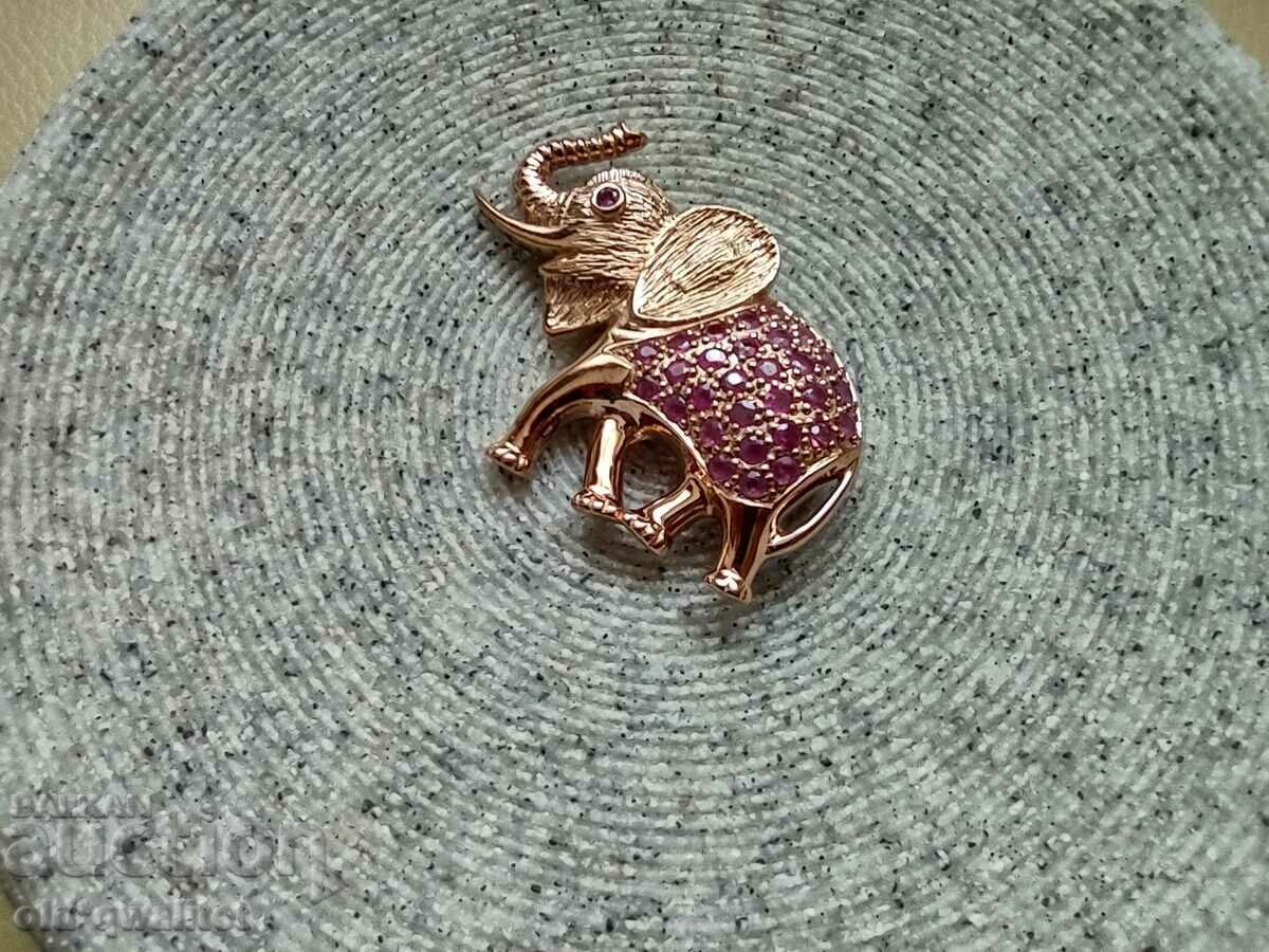 Auction  Silver Elephant brooch, 925 silver with rose gold plating, Ruby