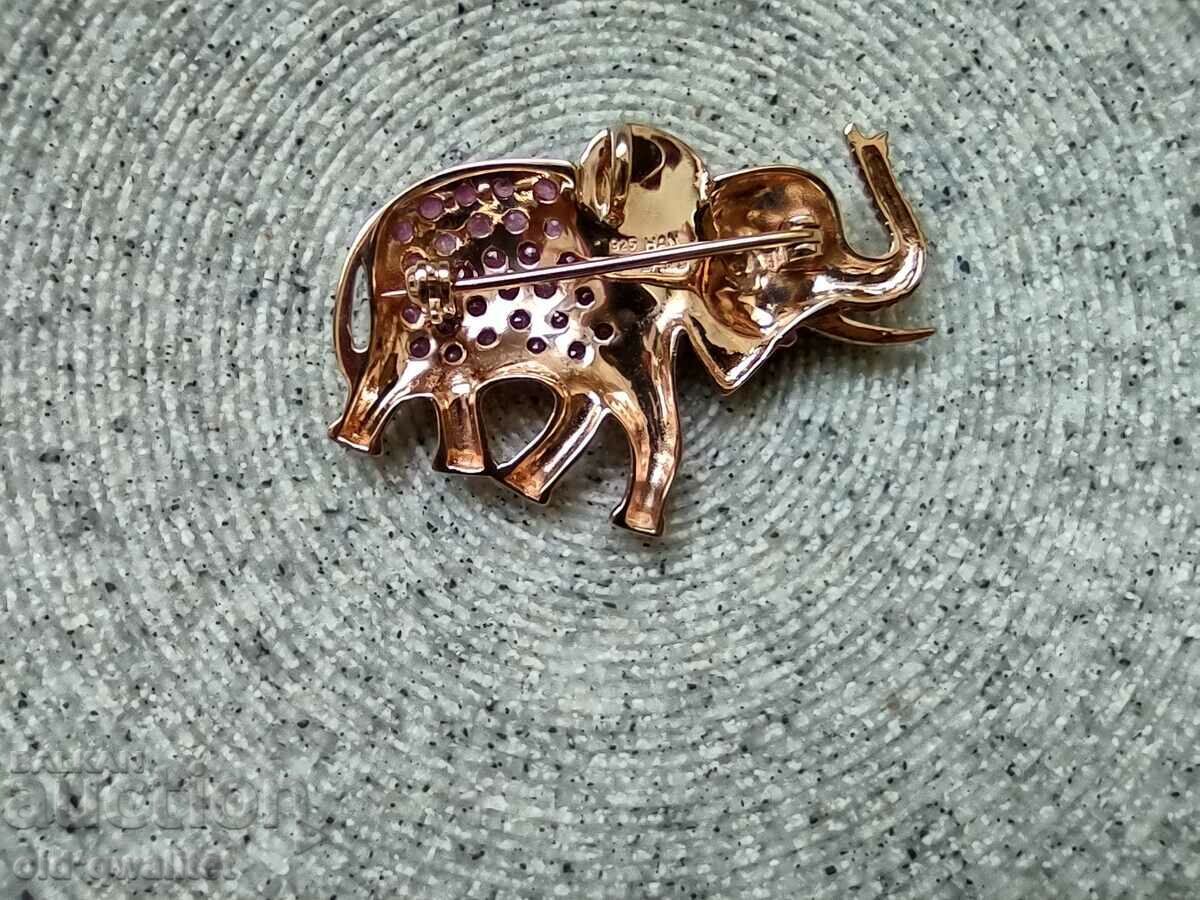 Delivery of Silver Elephant brooch, 925 silver with rose gold plating, Ruby