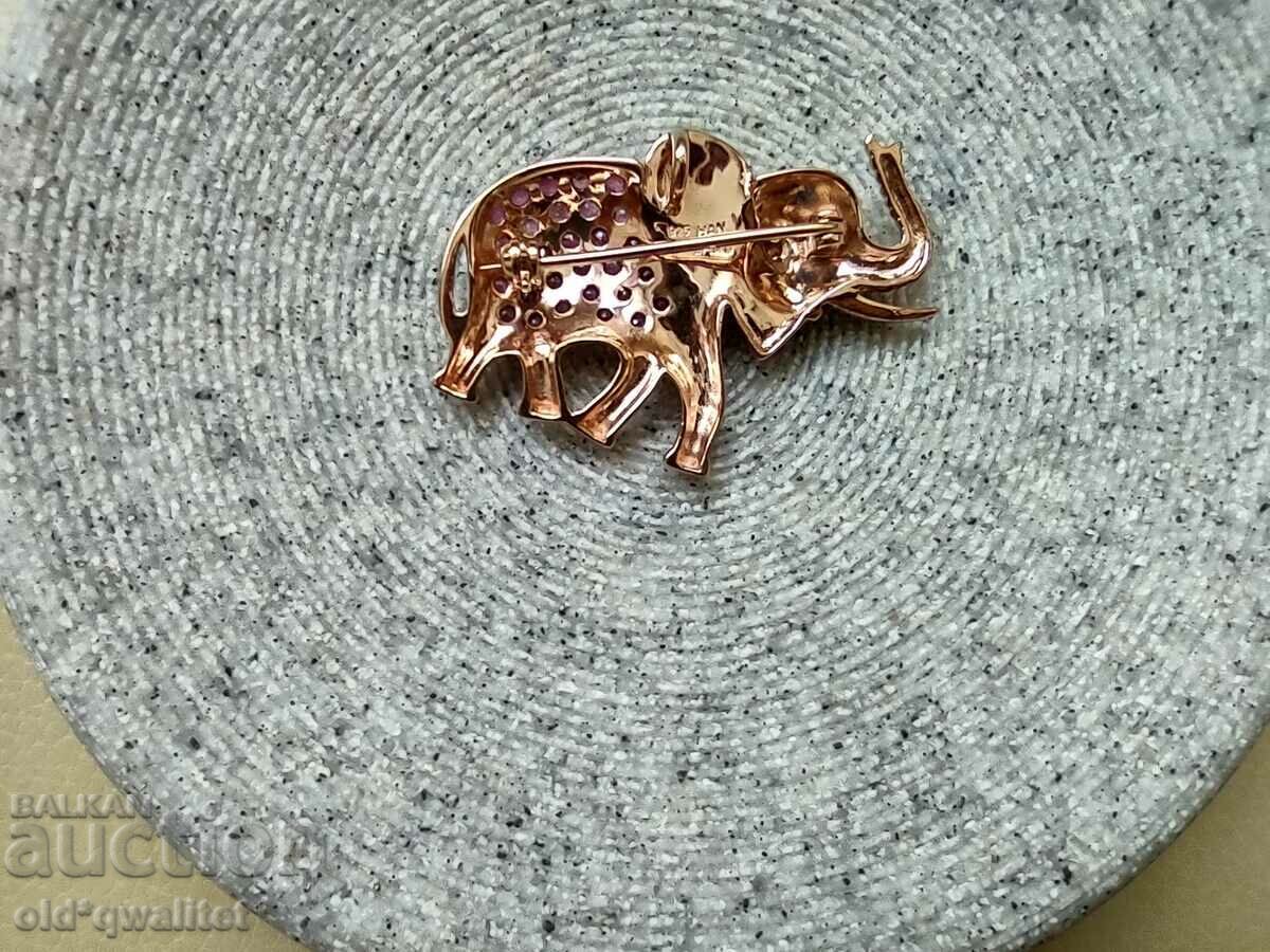 Silver Elephant brooch, 925 silver with rose gold plating, Ruby - 5