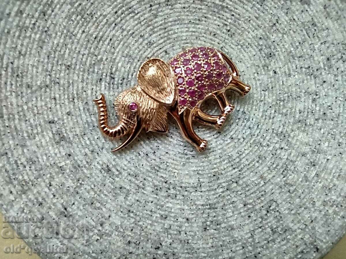 Silver Elephant brooch, 925 silver with rose gold plating, Ruby - 6