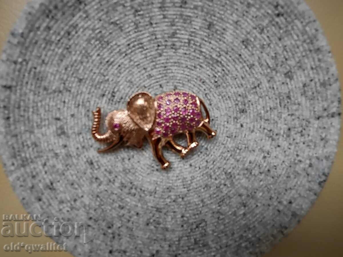 Silver Elephant brooch, 925 silver with rose gold plating, Ruby - 7