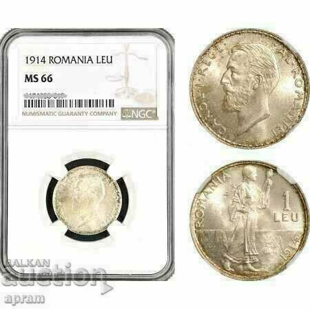 Romania, Carol I, 1 lei 1914, silver, NGC MS66