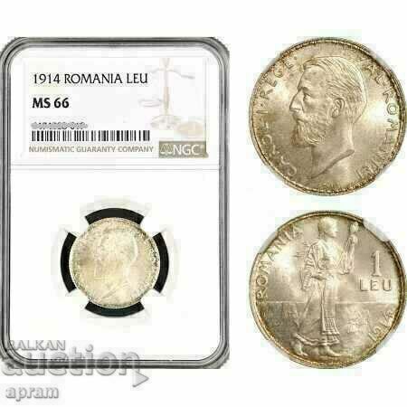 România, Carol I, 1 leu 1914, argint, NGC MS66