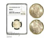 România, Carol I, 1 leu 1914, argint, NGC MS66