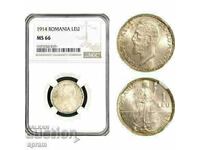 Romania, Carol I, 1 lei 1914, silver, NGC MS66