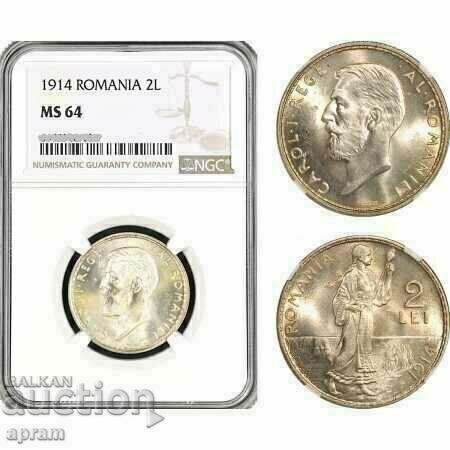 Румъния, Карол I, 2 леи 1914 г., сребро, NGC MS64
