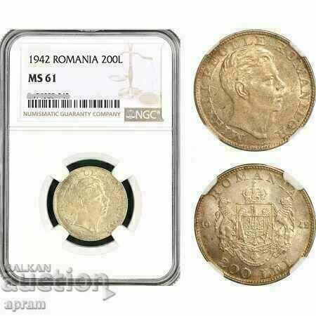 Румъния, Михай I, 200 леи 1942 г.,  сребро, NGC MS61