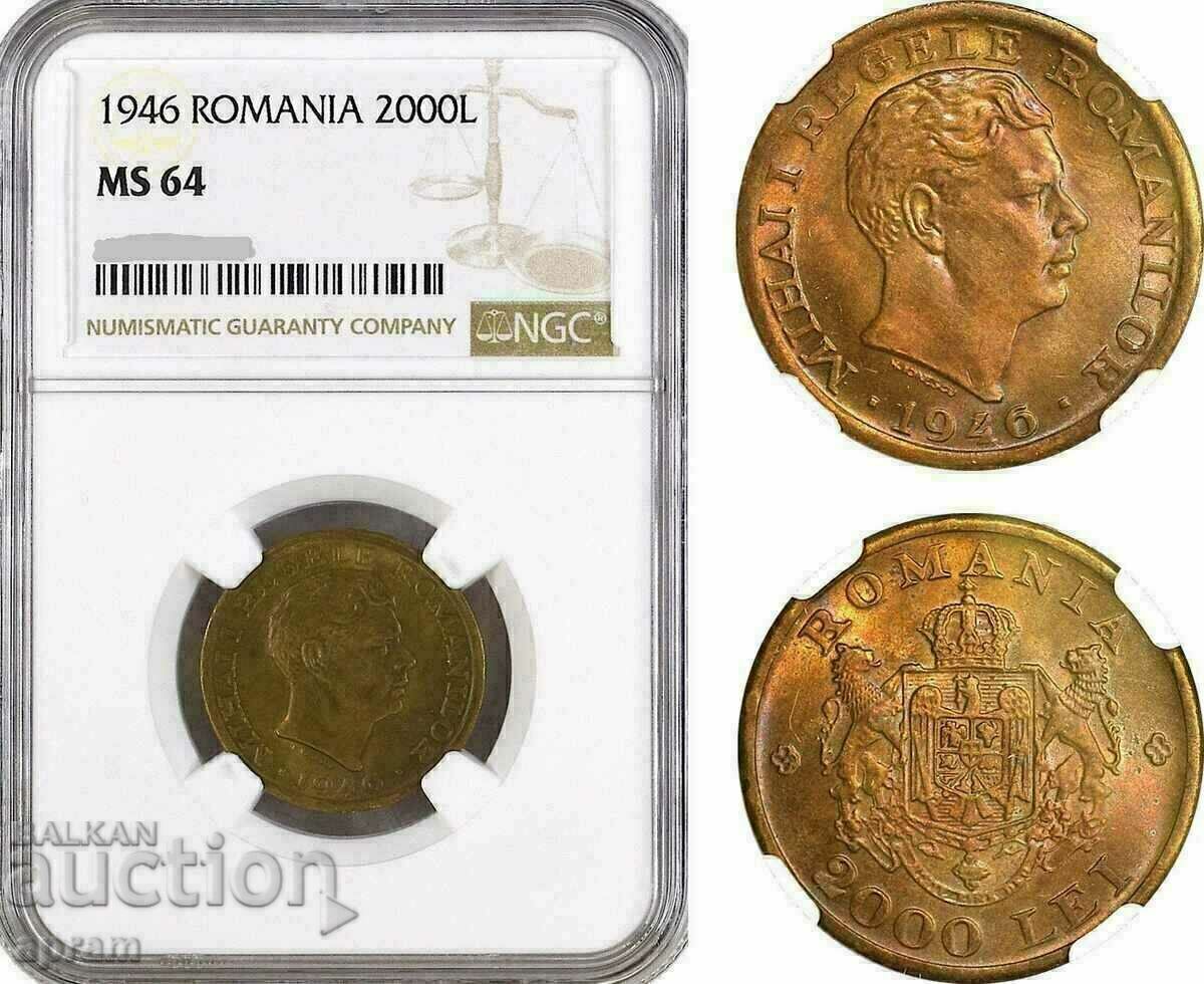 Romania, Mihai I, 2000 Lei 1946, NGC MS64 Romania, Mihai I, 2000 Lei 1946, NGC MS64