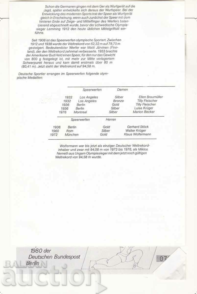 Ersttagsblatt Germany Olympic Games Moscow 1980 with price € 0.80 | 1.56 BGN