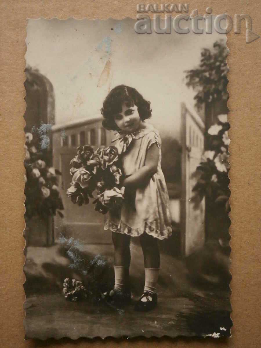 little girl with roses vintage card 1935