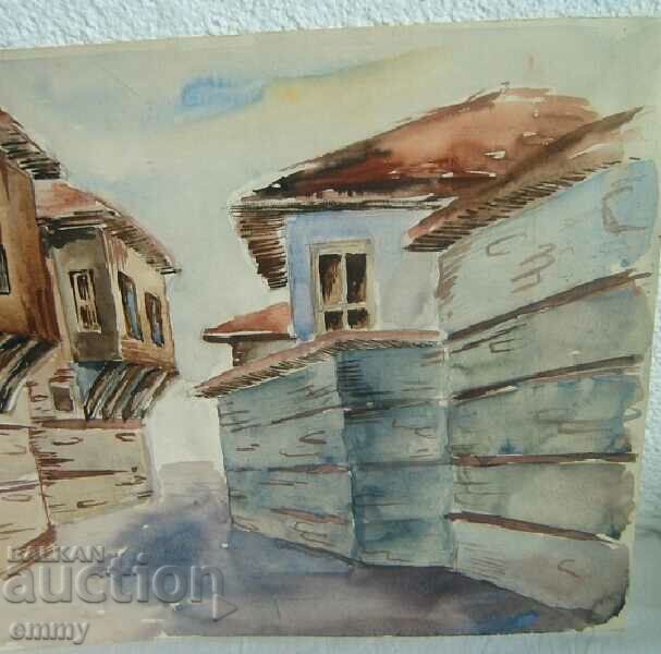 Auction  Old watercolor drawing, old houses, unsigned