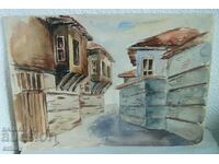 Old watercolor drawing, old houses, unsigned